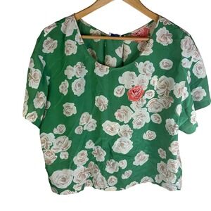 Anthropologie Postmark Silk Green Floral Print Short Sleeve Top Womens Size 8‎